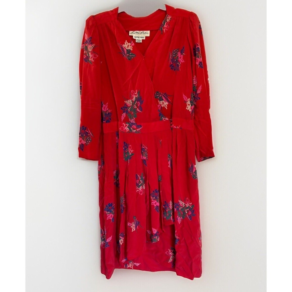 Vintage Lillie Rubin Nora Noh Red Silk Midi Dress 16 Wrap Bold Floral Luxury